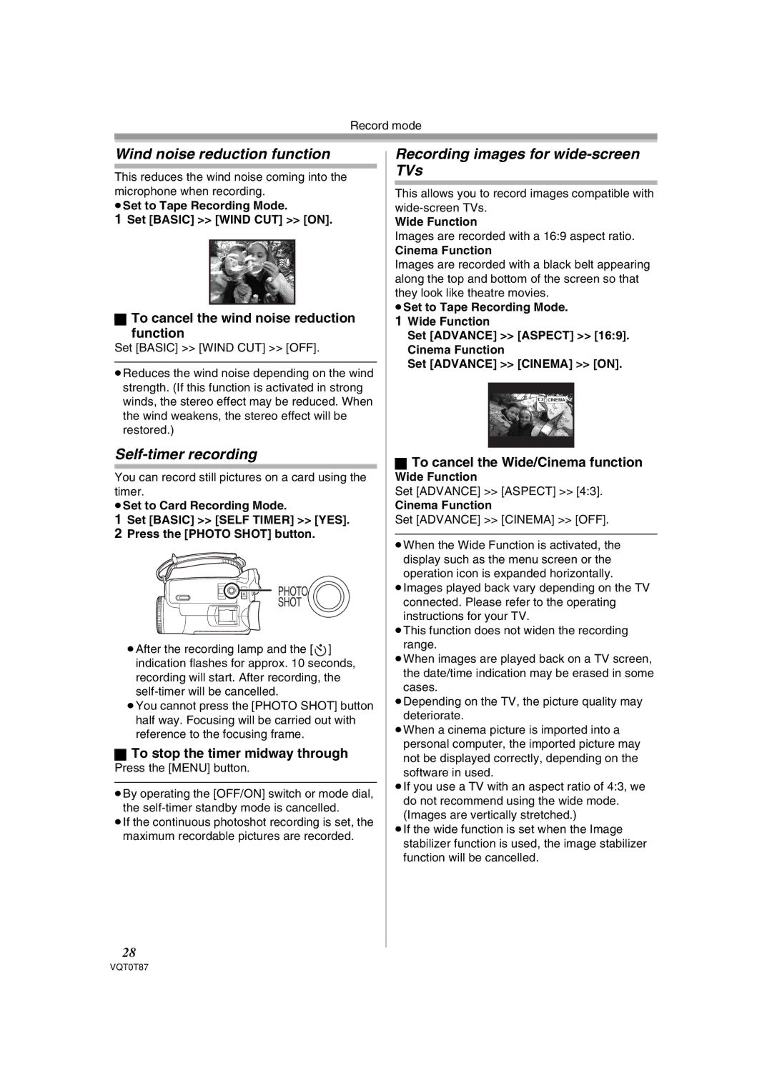 Panasonic NV-GS180EB Wind noise reduction function, Self-timer recording, Recording images for wide-screen TVs 