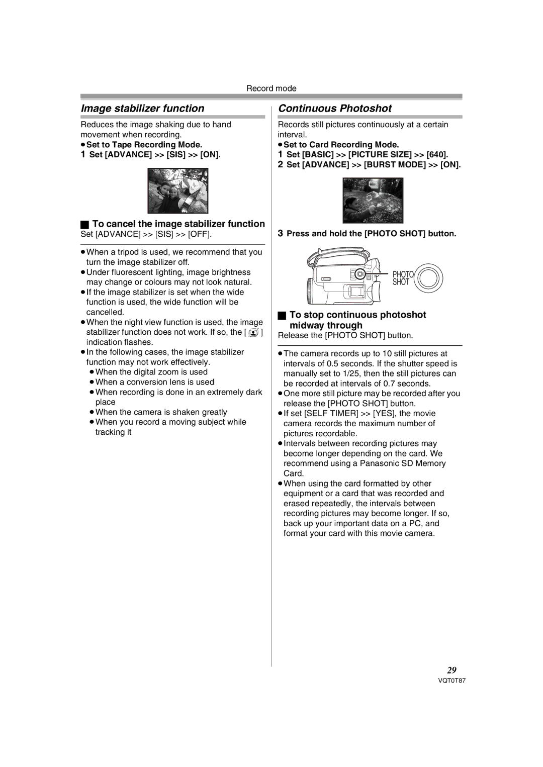 Panasonic NV-GS180EB Image stabilizer function, Continuous Photoshot, To cancel the image stabilizer function 