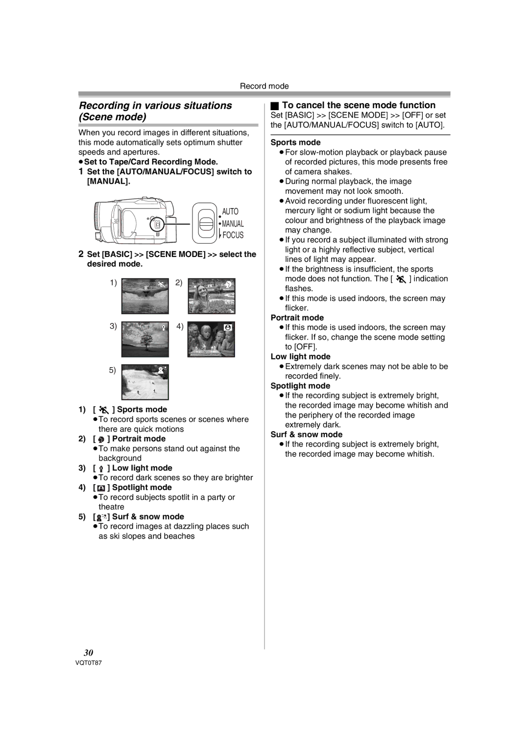 Panasonic NV-GS180EB operating instructions Recording in various situations Scene mode, To cancel the scene mode function 