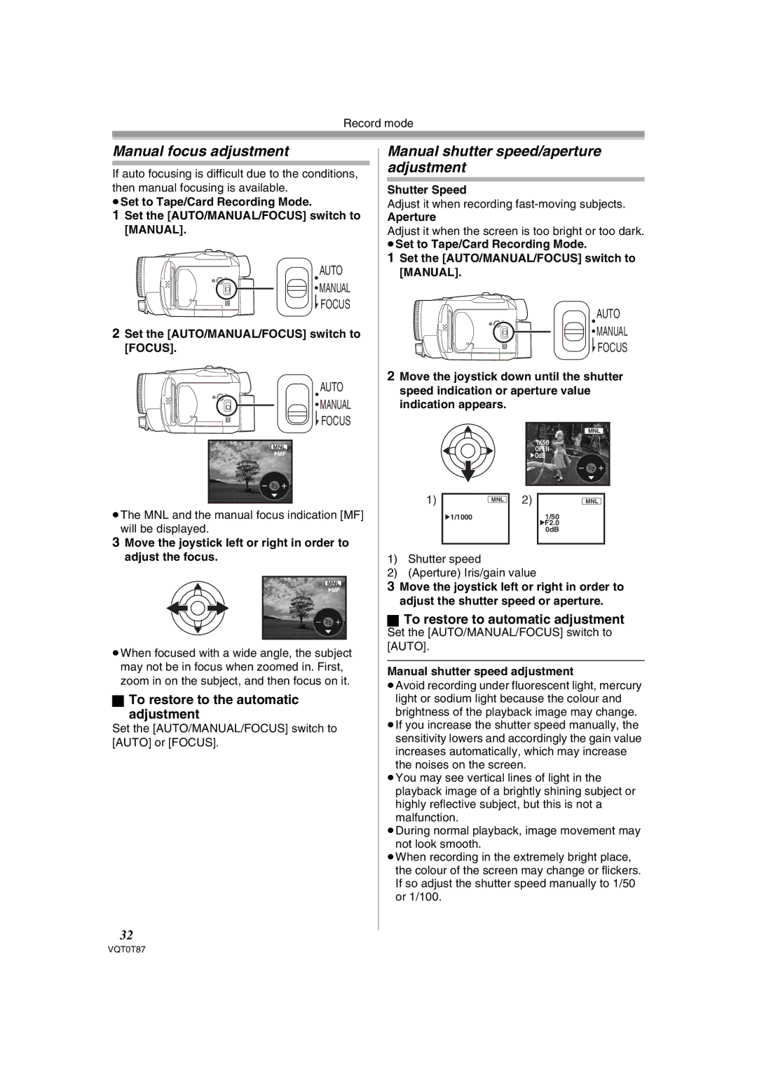 Panasonic NV-GS180EB Manual focus adjustment, Manual shutter speed/aperture adjustment, To restore to automatic adjustment 