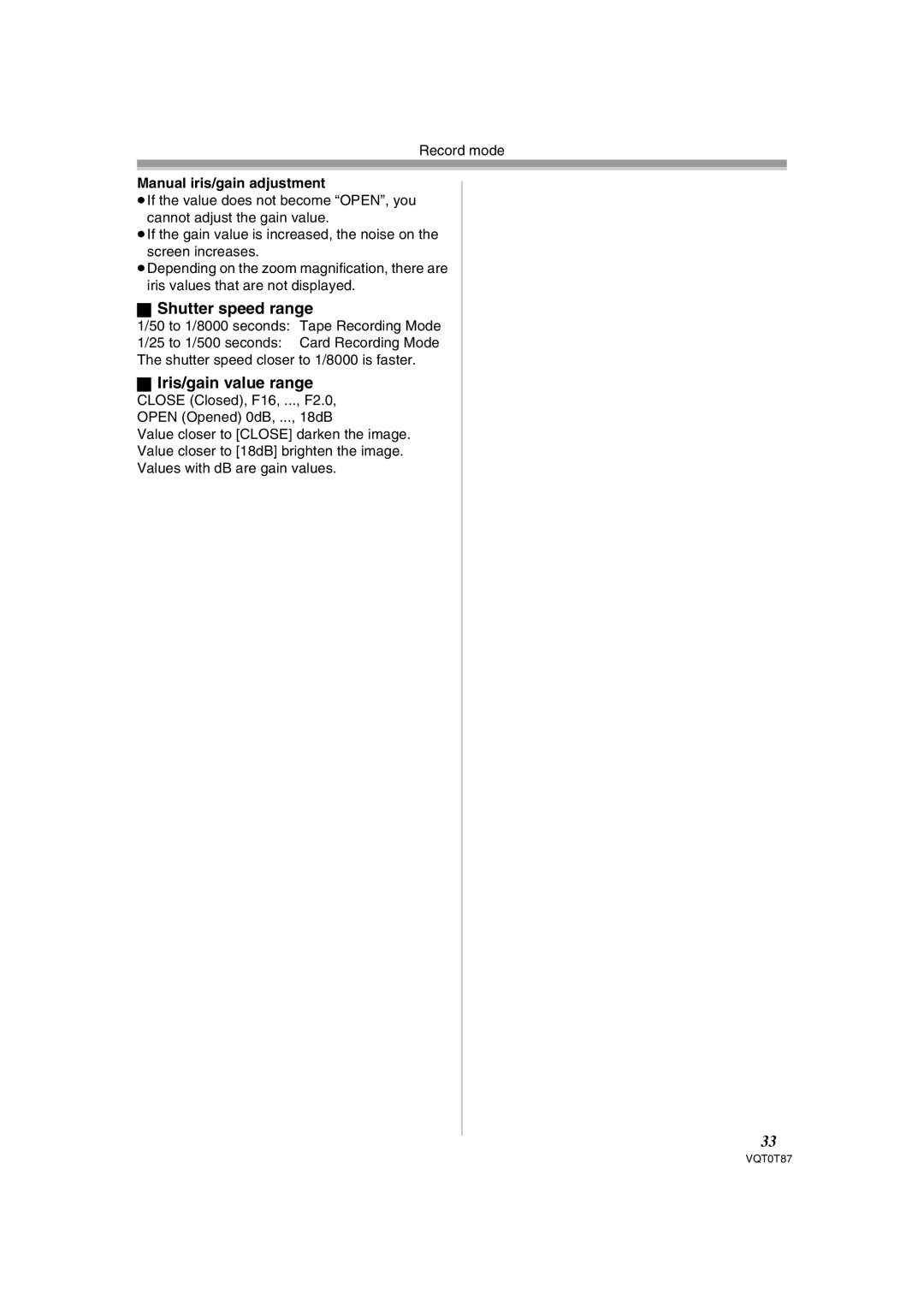 Panasonic NV-GS180EB operating instructions Shutter speed range, Iris/gain value range, Manual iris/gain adjustment 