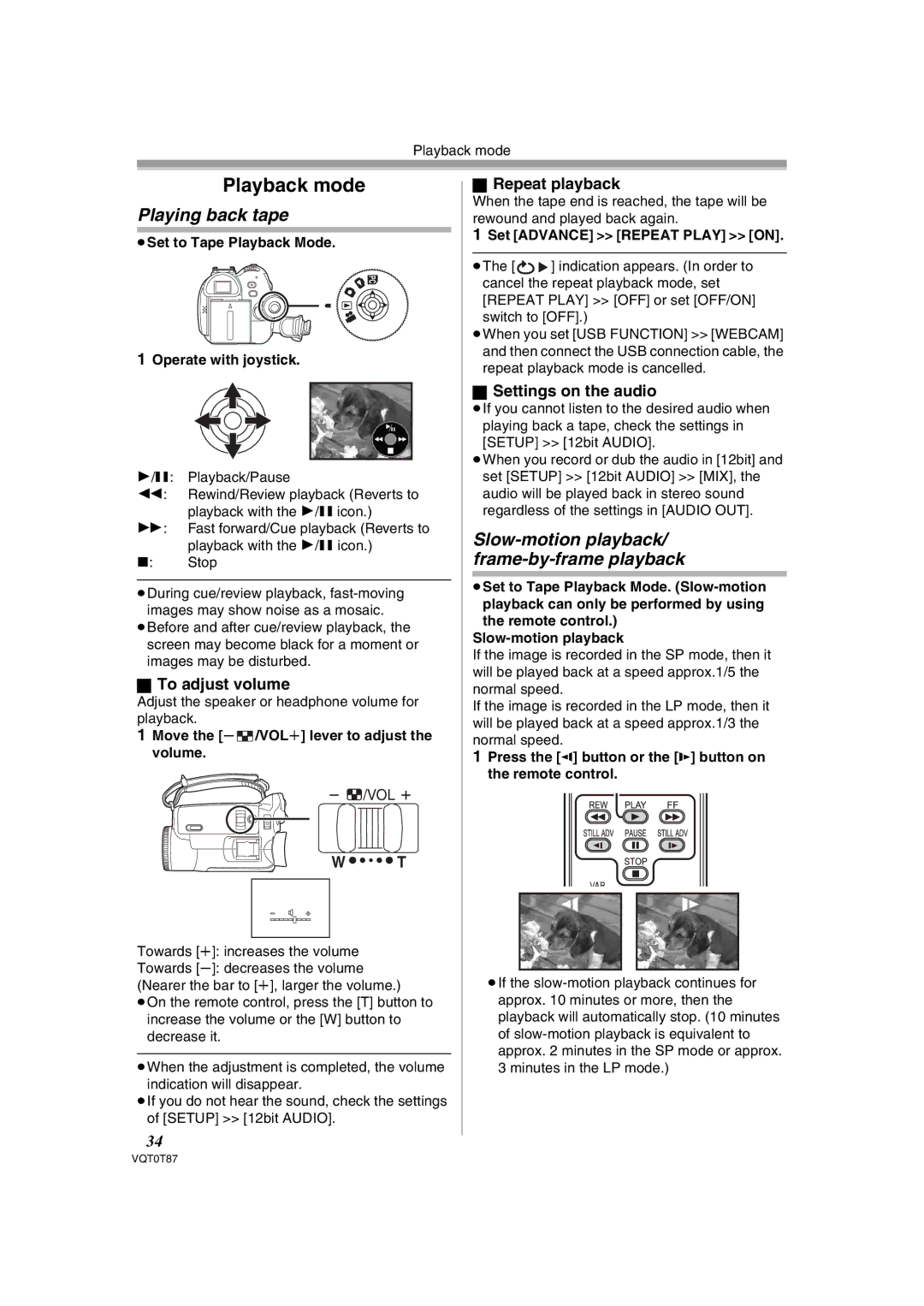 Panasonic NV-GS180EB Playing back tape, Slow-motion playback/ frame-by-frame playback, To adjust volume, Repeat playback 