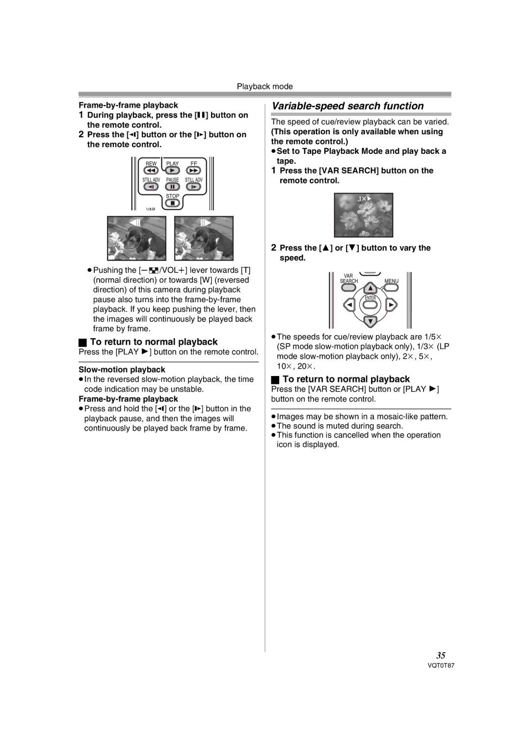 Panasonic NV-GS180EB Variable-speed search function, To return to normal playback, Frame-by-frame playback 