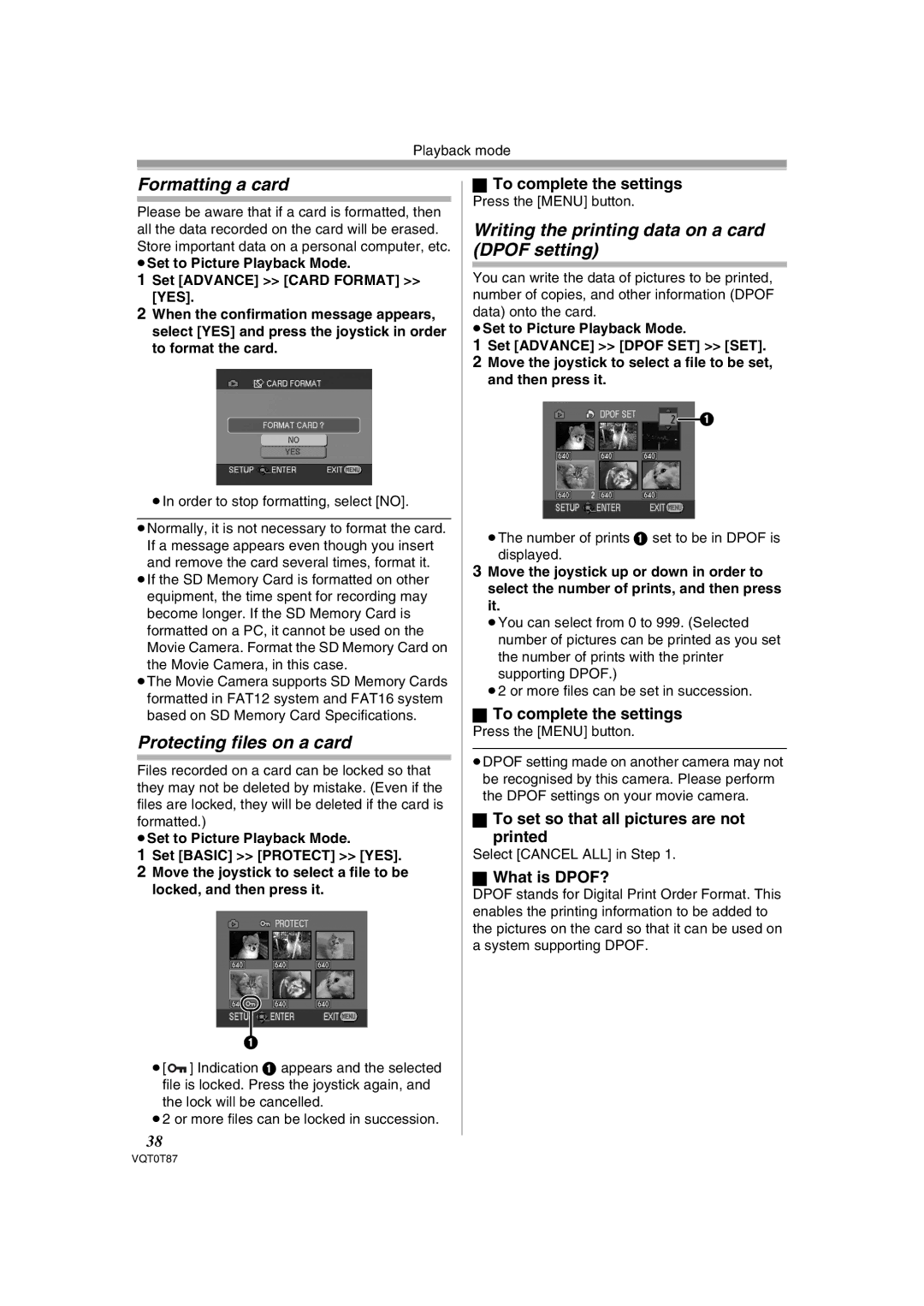 Panasonic NV-GS180EB Formatting a card, Protecting files on a card, Writing the printing data on a card Dpof setting 