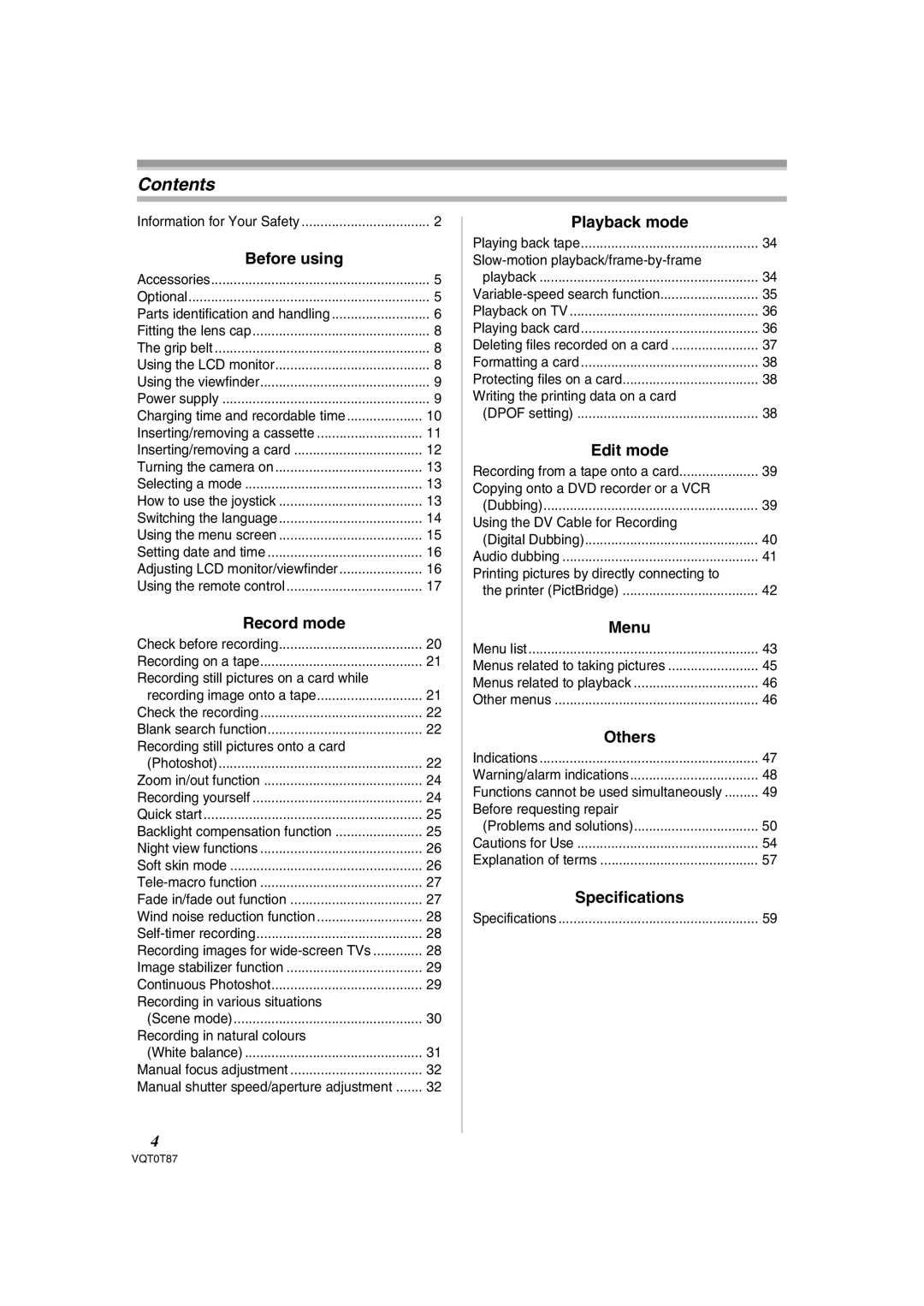 Panasonic NV-GS180EB operating instructions Contents 