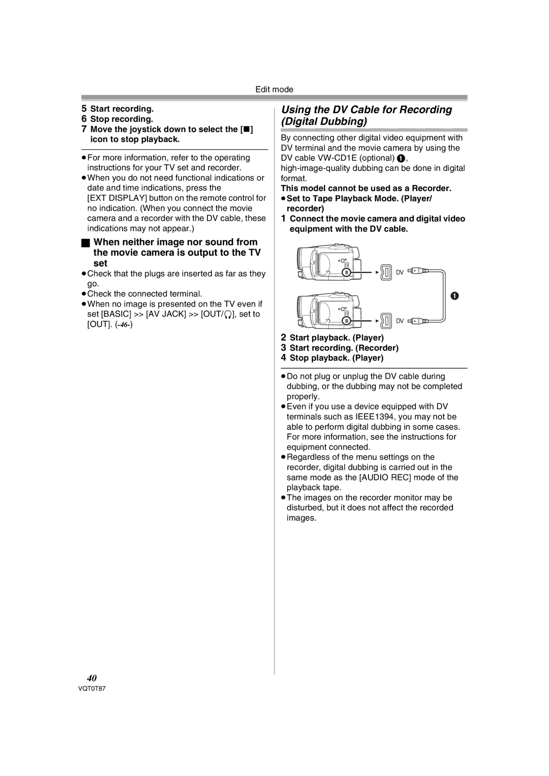 Panasonic NV-GS180EB operating instructions Using the DV Cable for Recording Digital Dubbing 