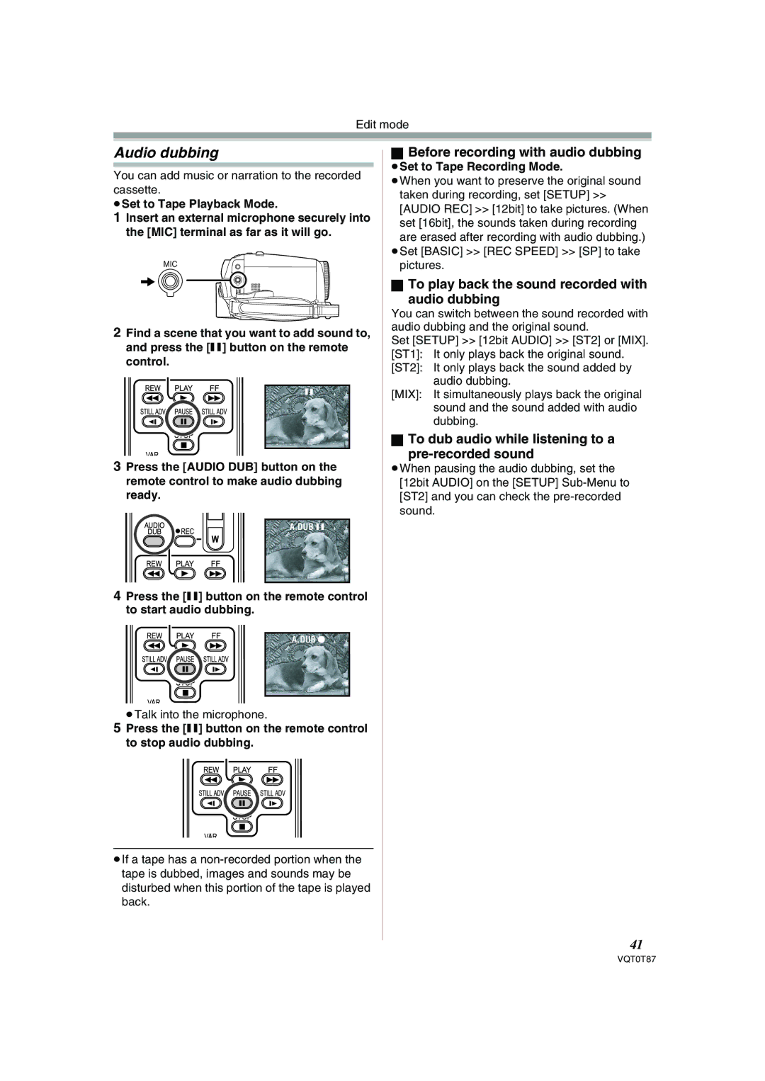 Panasonic NV-GS180EB operating instructions Audio dubbing, Before recording with audio dubbing, ≥Set to Tape Playback Mode 