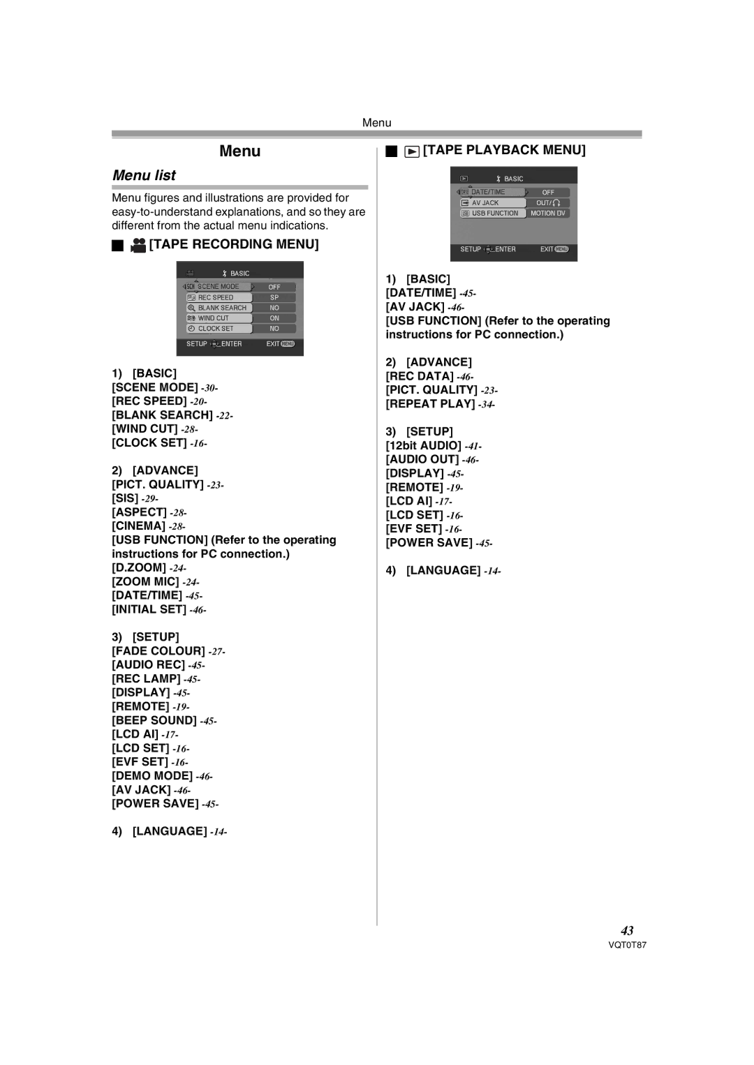 Panasonic NV-GS180EB operating instructions Menu list, Tape Recording Menu, Tape Playback Menu, Basic DATE/TIME -45-AV Jack 