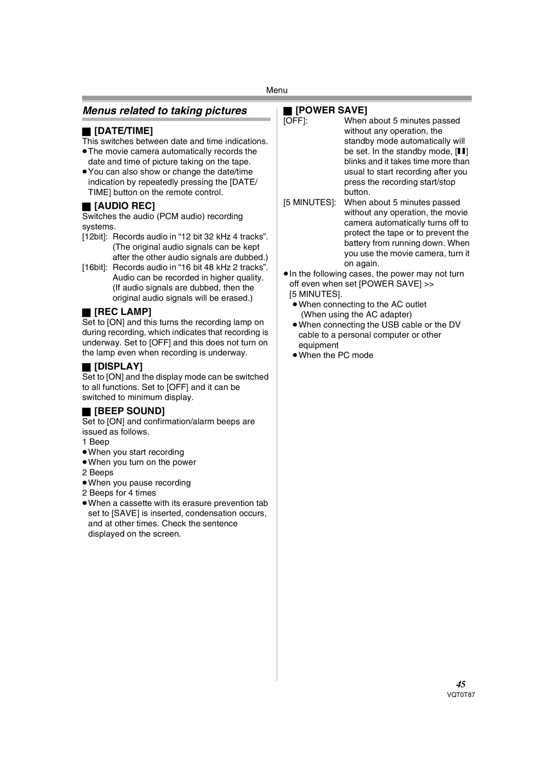 Panasonic NV-GS180EB operating instructions Menus related to taking pictures 