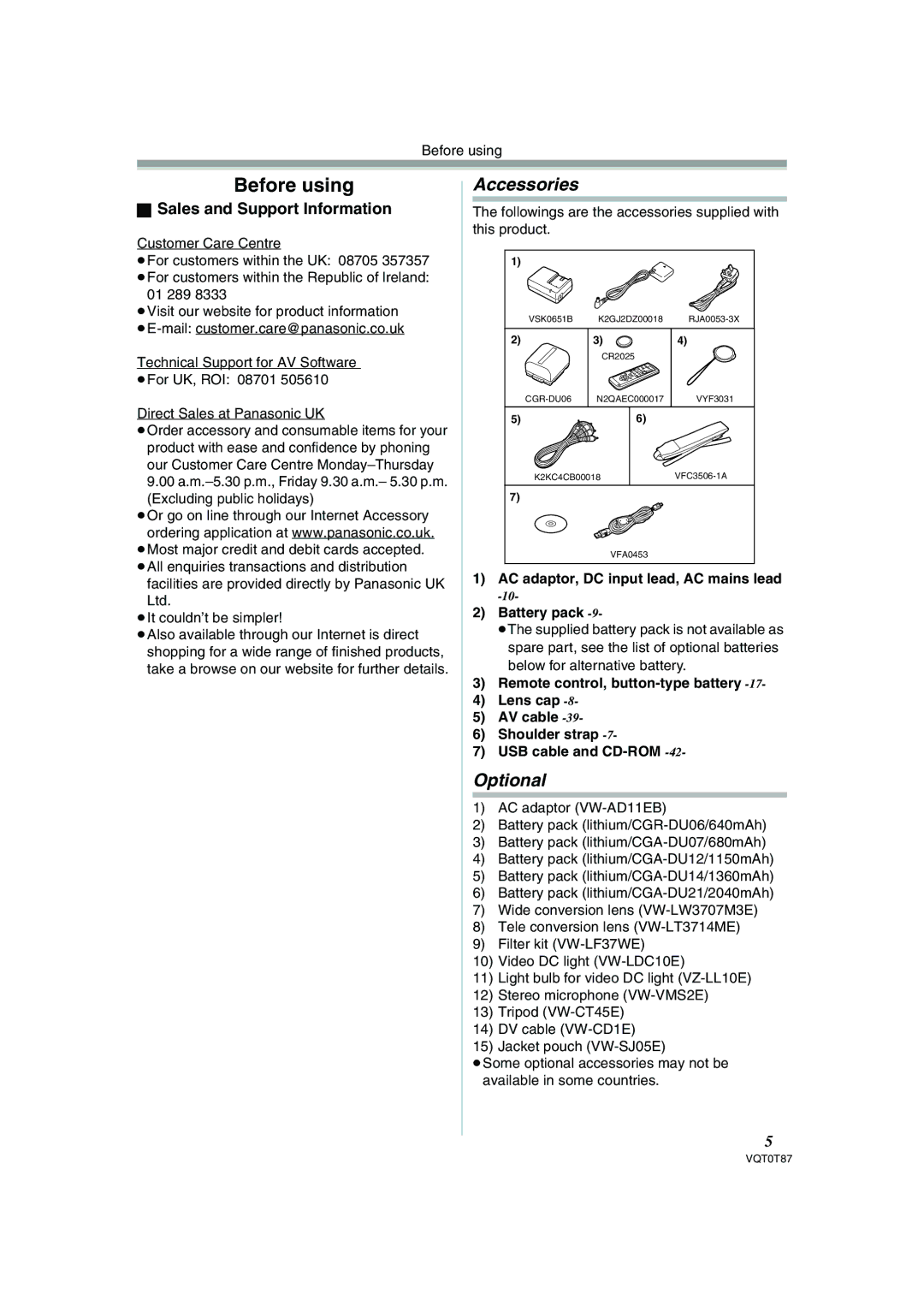 Panasonic NV-GS180EB operating instructions Accessories, Optional, Sales and Support Information 