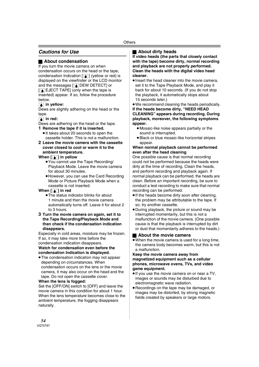 Panasonic NV-GS180EB operating instructions About condensation, About dirty heads, About the movie camera 