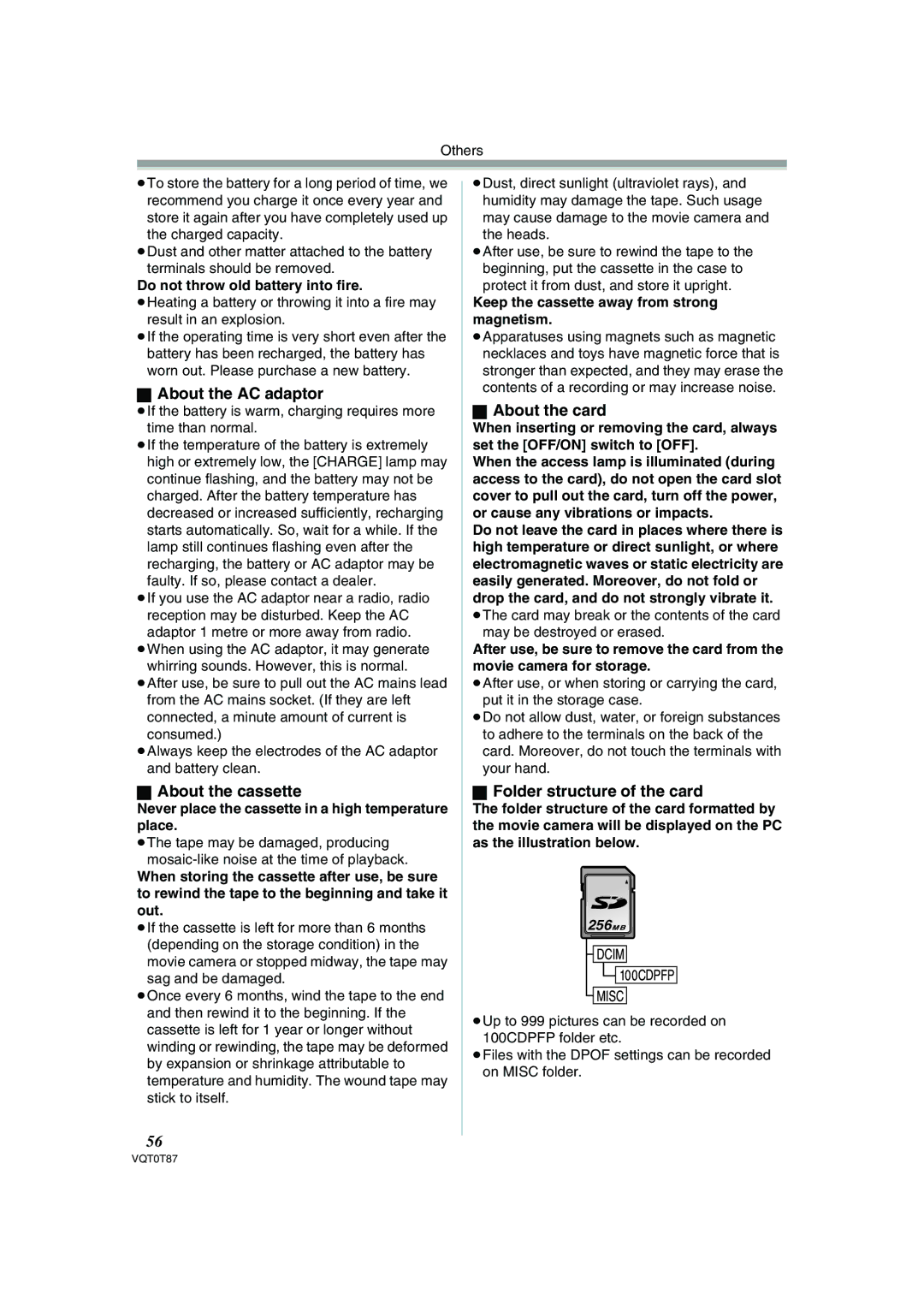 Panasonic NV-GS180EB About the AC adaptor, About the cassette, About the card, Folder structure of the card 