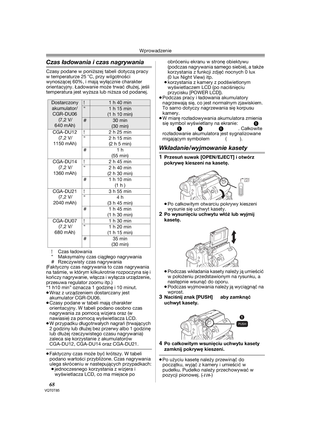 Panasonic NV-GS180EP, NV-GS230EP operating instructions Czas ładowania i czas nagrywania, Wkładanie/wyjmowanie kasety 