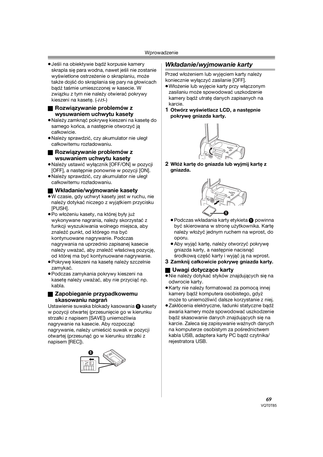 Panasonic NV-GS230EP, NV-GS180EP operating instructions Wkładanie/wyjmowanie karty 