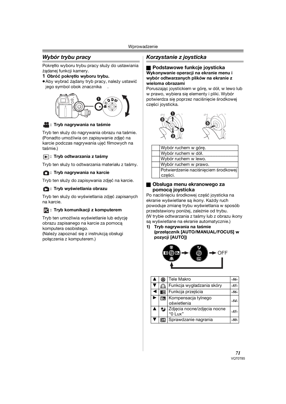 Panasonic NV-GS230EP, NV-GS180EP Wybór trybu pracy, Korzystanie z joysticka, Podstawowe funkcje joysticka 