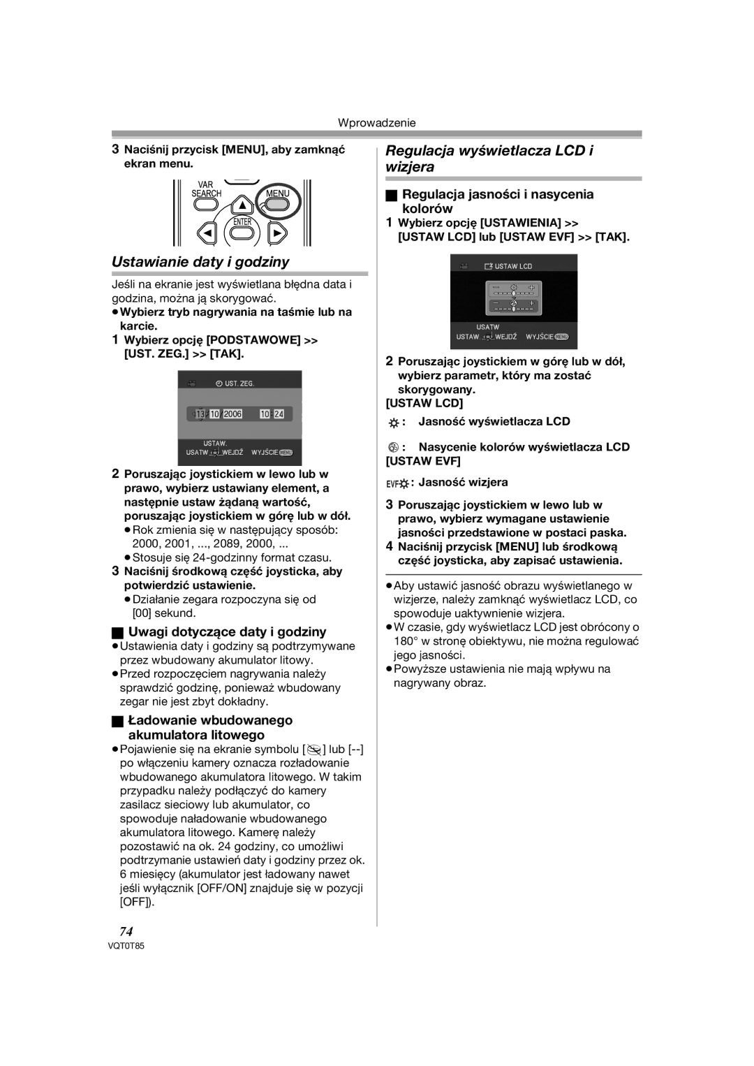 Panasonic NV-GS180EP Ustawianie daty i godziny, Regulacja wyświetlacza LCD i wizjera, Uwagi dotyczące daty i godziny 