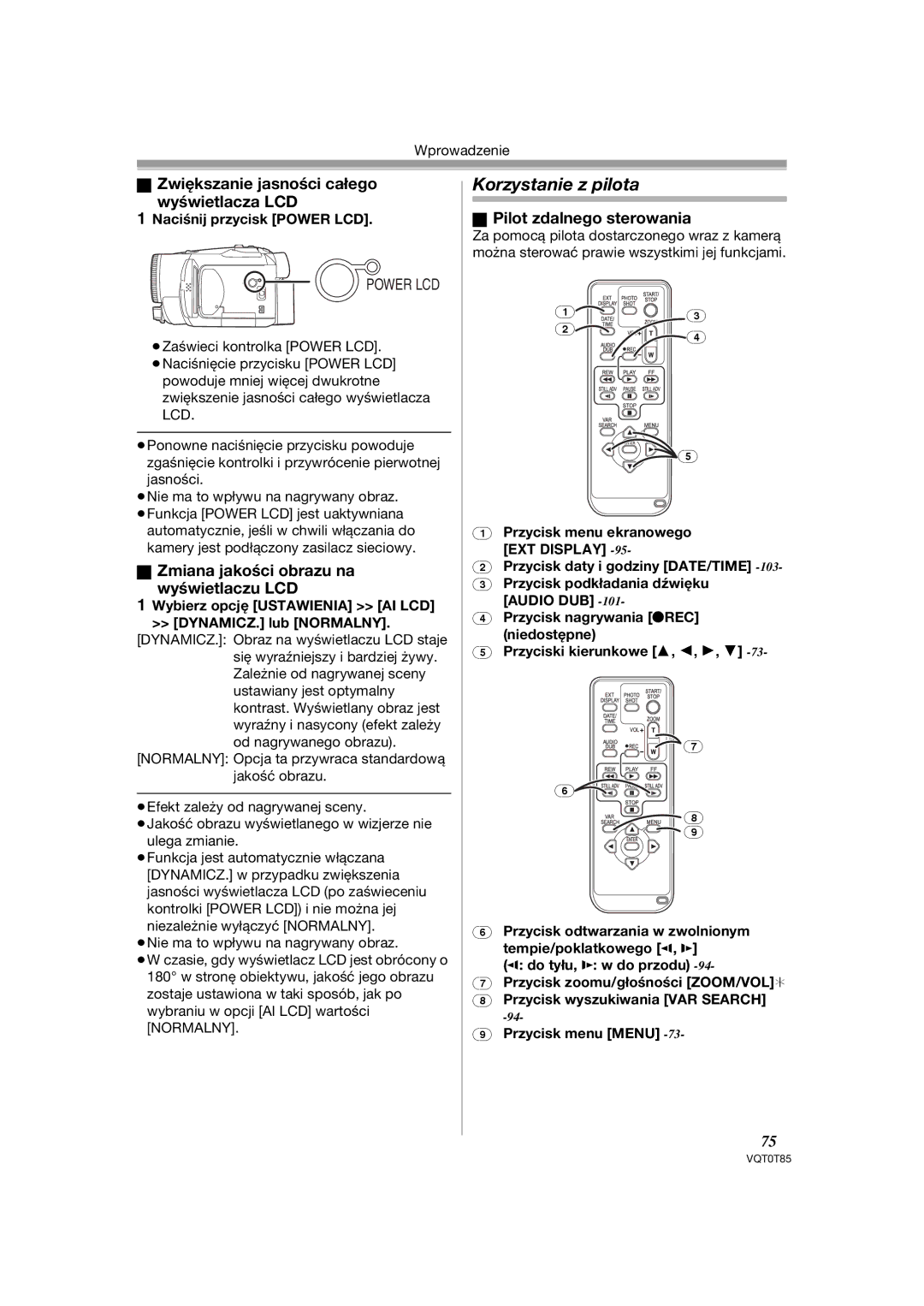 Panasonic NV-GS230EP Korzystanie z pilota, Zwiększanie jasności całego Wyświetlacza LCD, Pilot zdalnego sterowania 