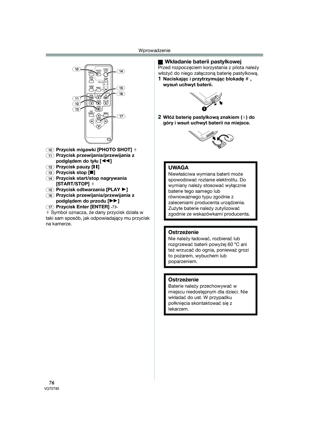 Panasonic NV-GS180EP, NV-GS230EP operating instructions Wkładanie baterii pastylkowej, Ostrzeżenie 