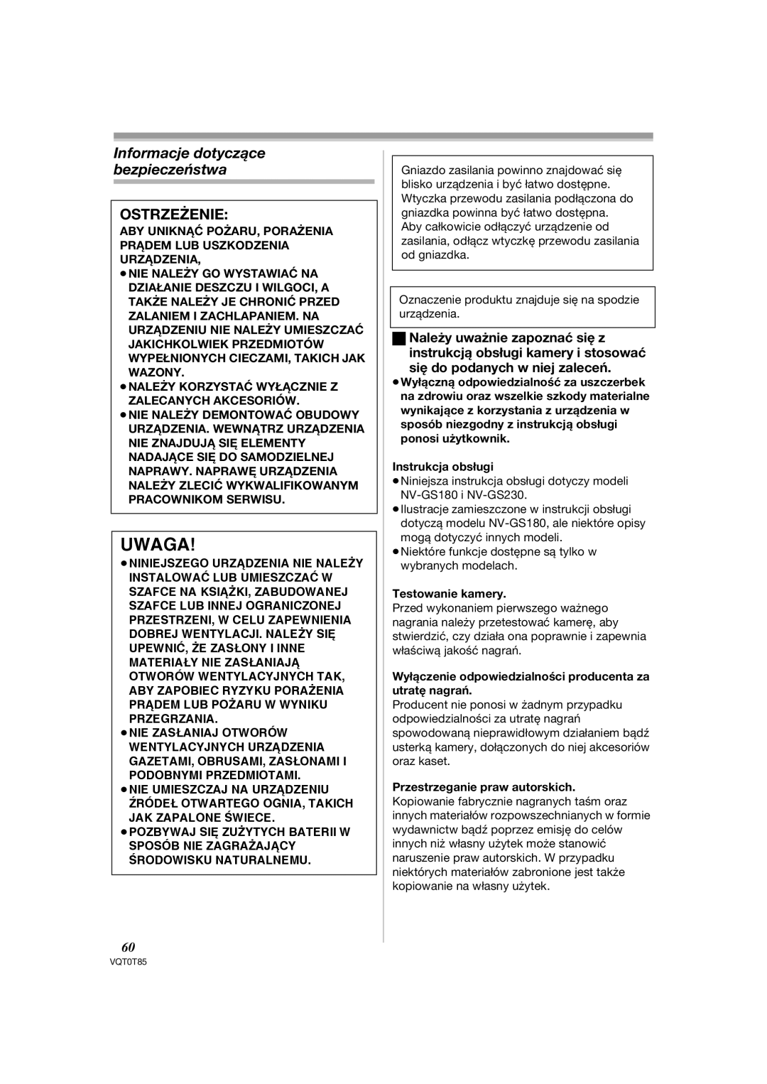 Panasonic NV-GS180EP, NV-GS230EP Informacje dotyczące bezpieczeństwa, Instrukcja obsługi, Testowanie kamery 