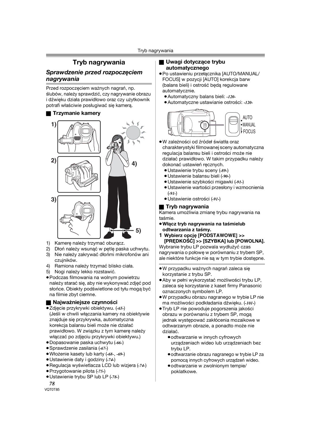 Panasonic NV-GS180EP, NV-GS230EP Sprawdzenie przed rozpoczęciem nagrywania, Trzymanie kamery, Najważniejsze czynności 