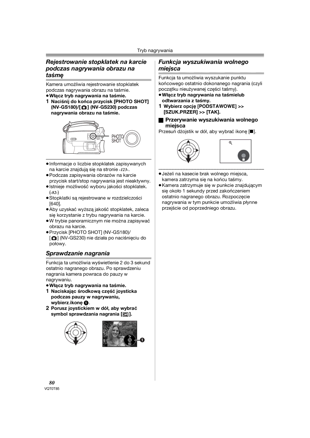 Panasonic NV-GS180EP Sprawdzanie nagrania, Funkcja wyszukiwania wolnego miejsca, Przerywanie wyszukiwania wolnego Miejsca 