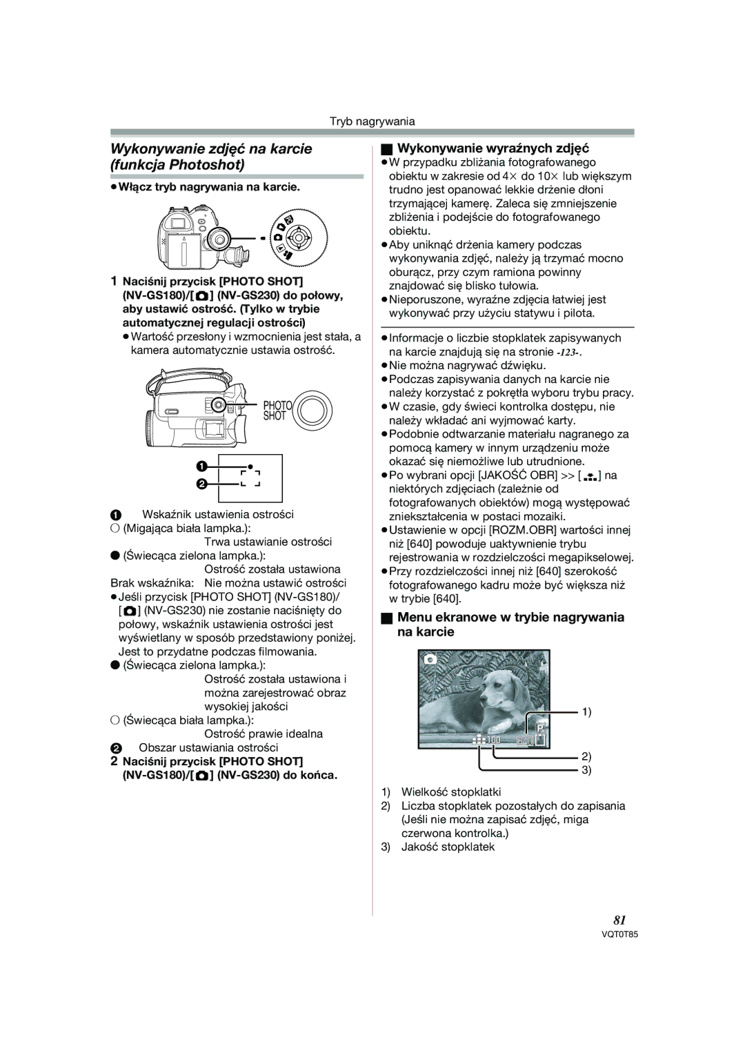 Panasonic NV-GS230EP, NV-GS180EP Wykonywanie zdjęć na karcie funkcja Photoshot, Wykonywanie wyraźnych zdjęć 