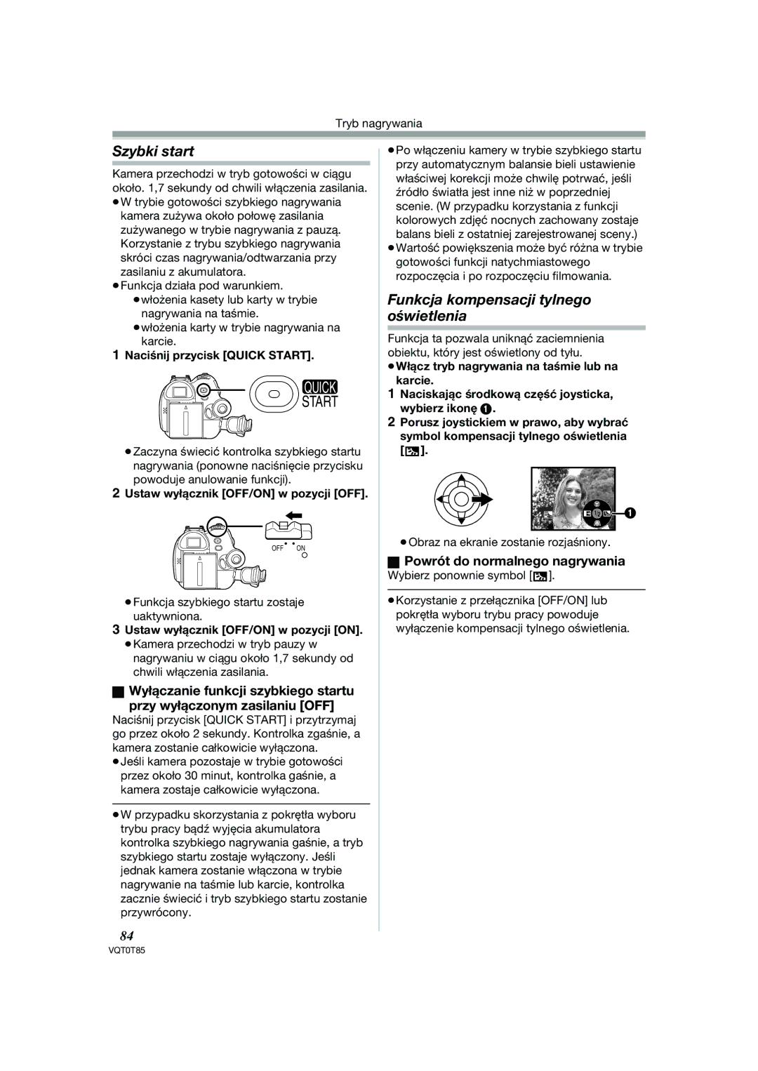 Panasonic NV-GS180EP, NV-GS230EP Szybki start, Funkcja kompensacji tylnego oświetlenia, Powrót do normalnego nagrywania 