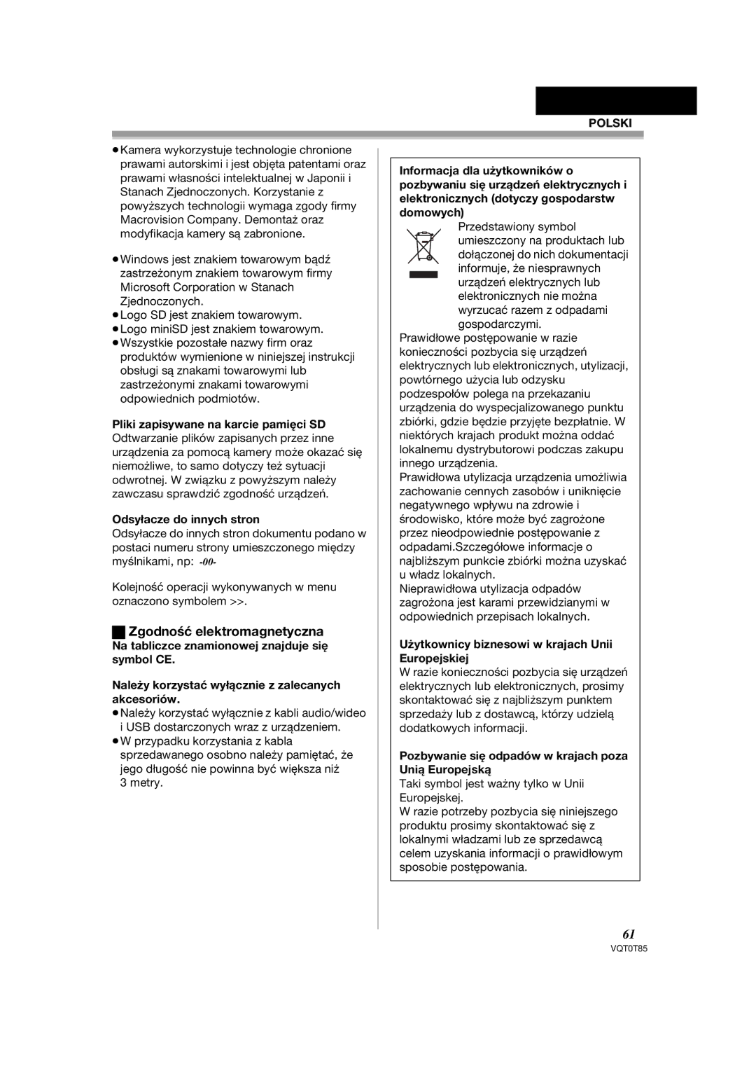 Panasonic NV-GS230EP, NV-GS180EP operating instructions Zgodność elektromagnetyczna 