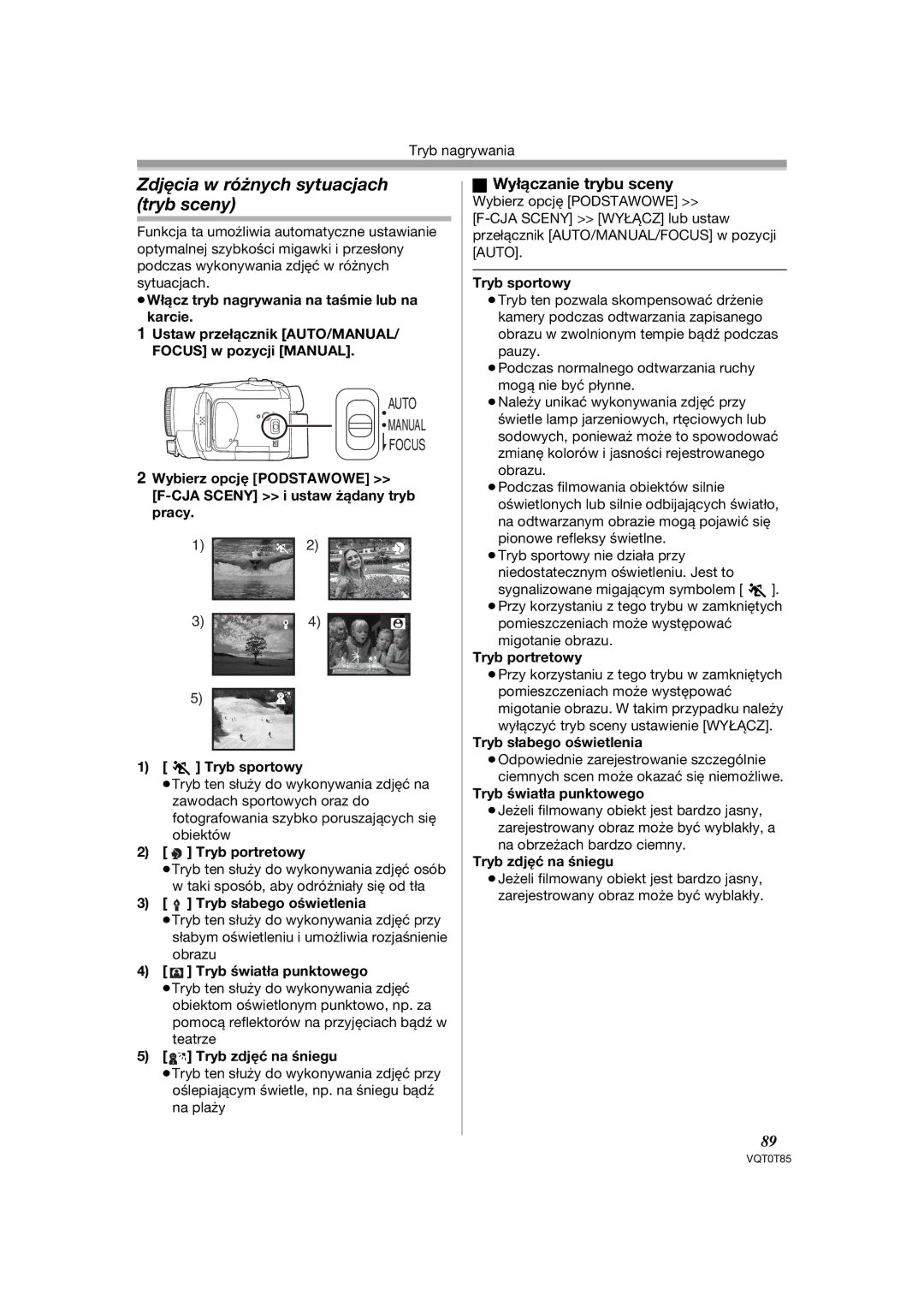 Panasonic NV-GS230EP, NV-GS180EP operating instructions Zdjęcia w różnych sytuacjach tryb sceny, Wyłączanie trybu sceny 