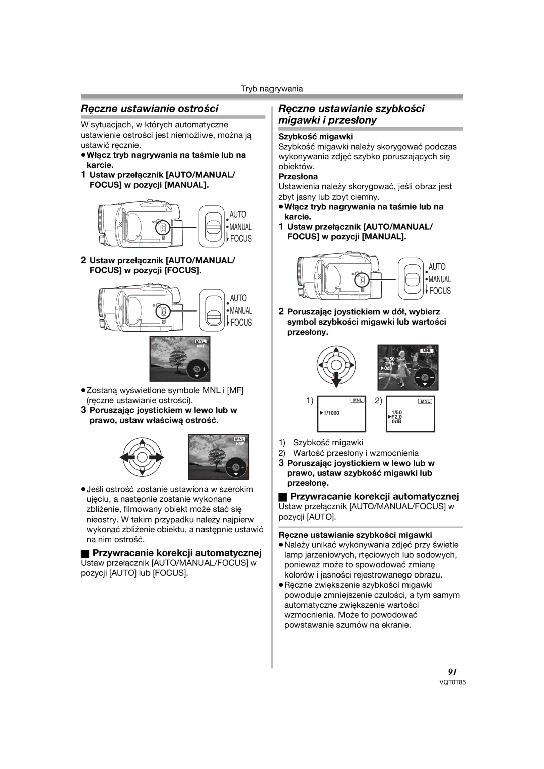 Panasonic NV-GS230EP Ręczne ustawianie ostrości, Ręczne ustawianie szybkości migawki i przesłony, Szybkość migawki 