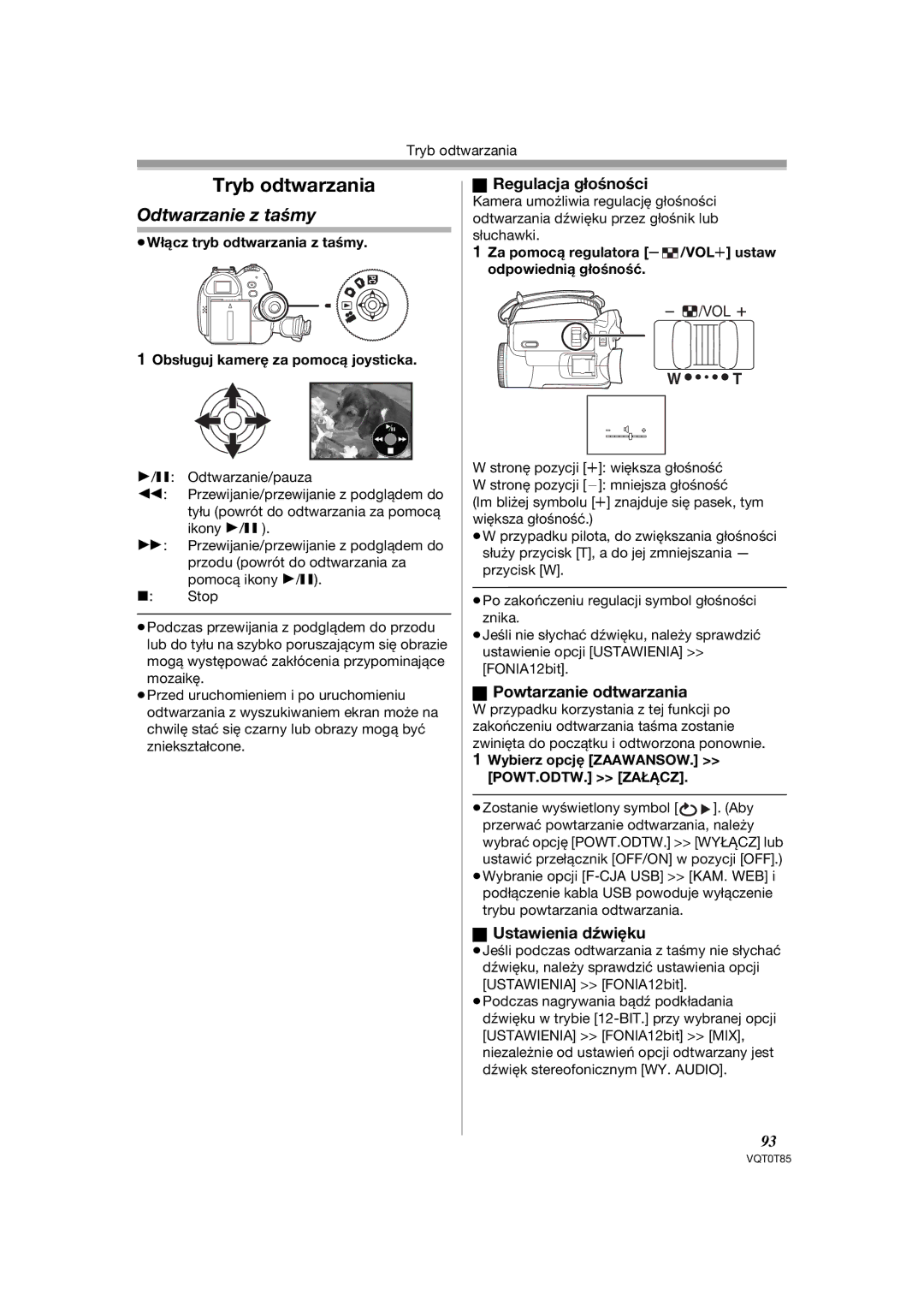 Panasonic NV-GS230EP, NV-GS180EP Odtwarzanie z taśmy, Regulacja głośności, Powtarzanie odtwarzania, Ustawienia dźwięku 