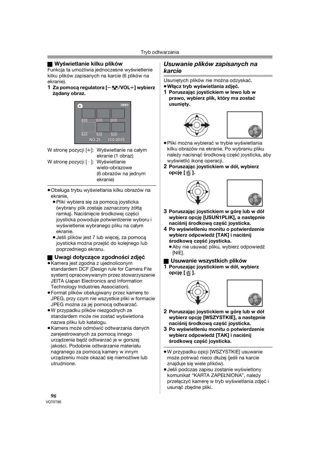 Panasonic NV-GS180EP Usuwanie plików zapisanych na karcie, Wyświetlanie kilku plików, Uwagi dotyczące zgodności zdjęć 