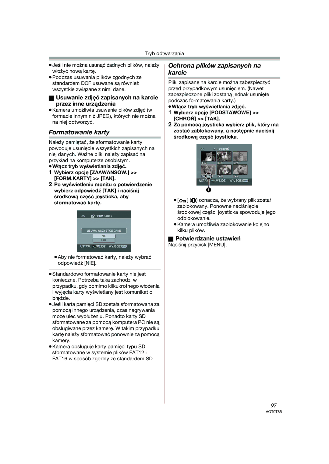 Panasonic NV-GS230EP, NV-GS180EP Formatowanie karty, Ochrona plików zapisanych na karcie, Potwierdzanie ustawień, Kamery 