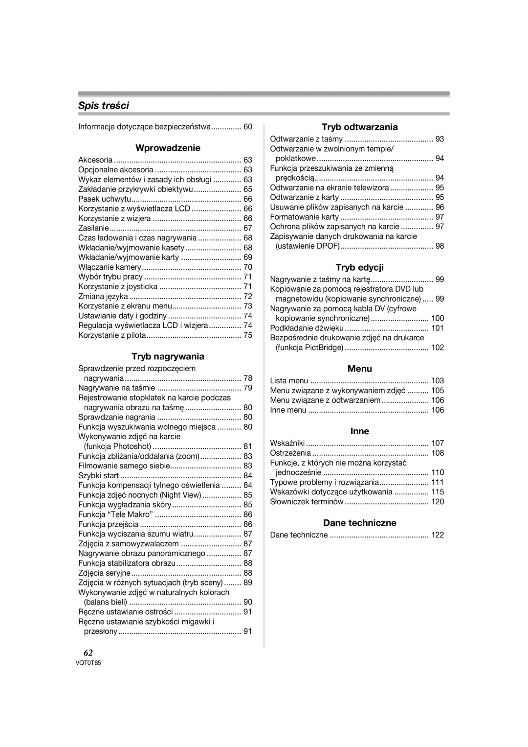 Panasonic NV-GS180EP, NV-GS230EP operating instructions Spis treści 