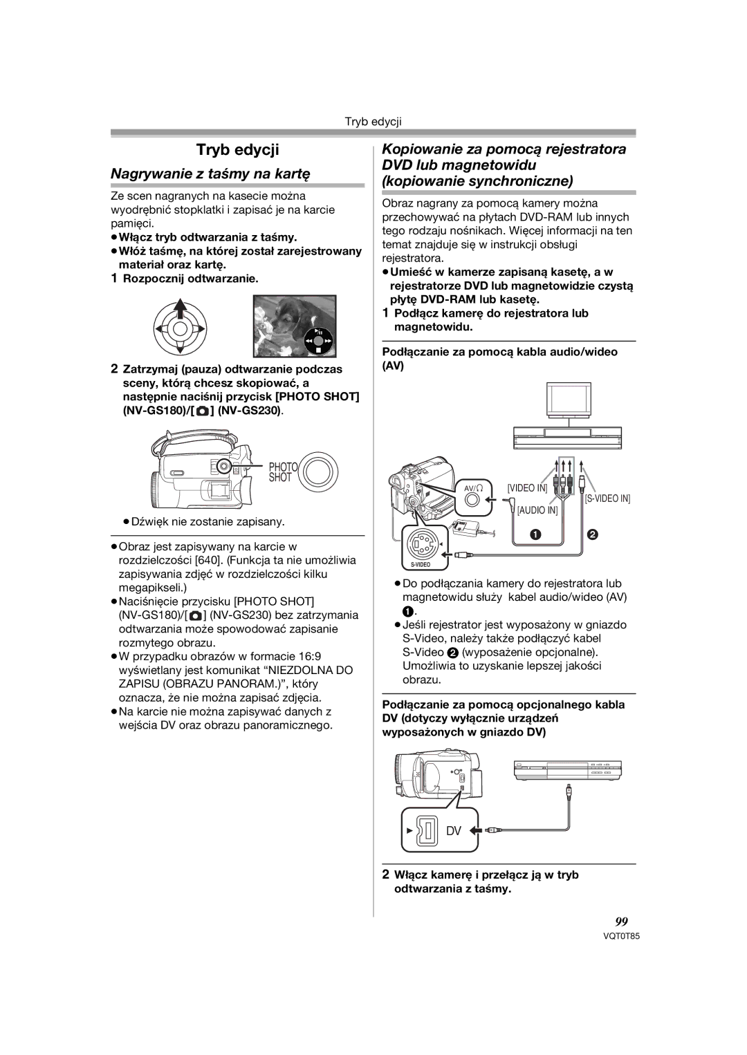 Panasonic NV-GS230EP, NV-GS180EP operating instructions Nagrywanie z taśmy na kartę, Tryb edycji 