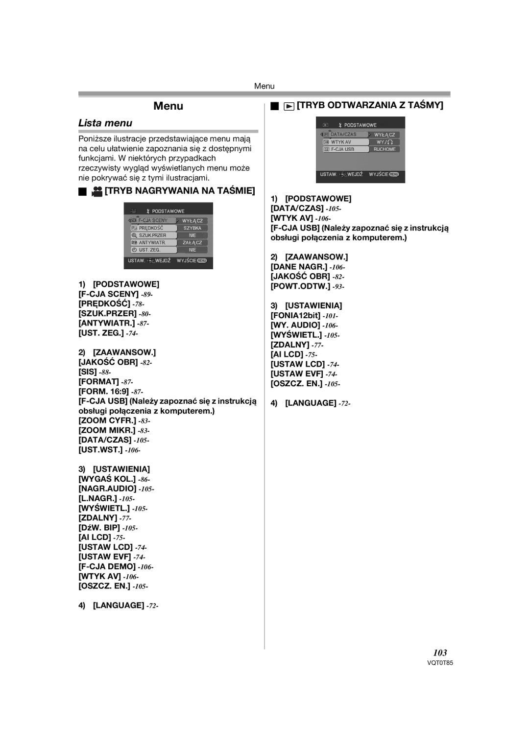 Panasonic NV-GS230EP, NV-GS180EP operating instructions Lista menu, Tryb Nagrywania NA Taśmie, Tryb Odtwarzania Z Taśmy, 103 