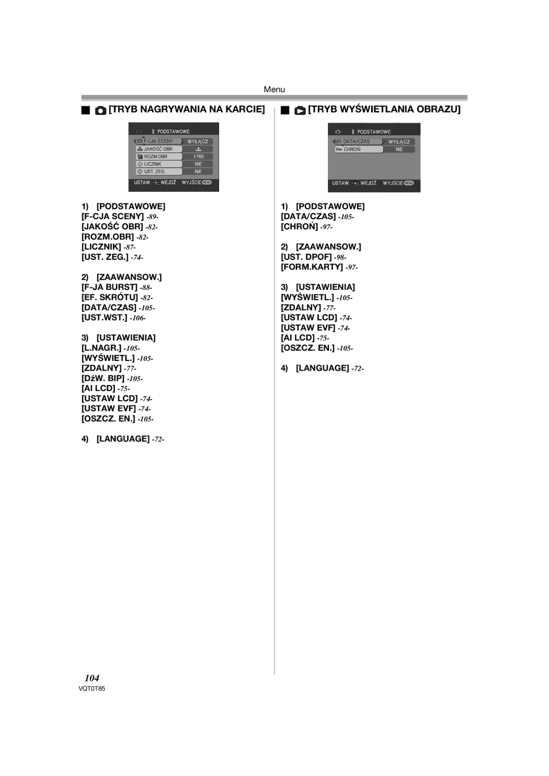 Panasonic NV-GS180EP, NV-GS230EP operating instructions Tryb Nagrywania NA Karcie, Tryb Wyświetlania Obrazu, 104 