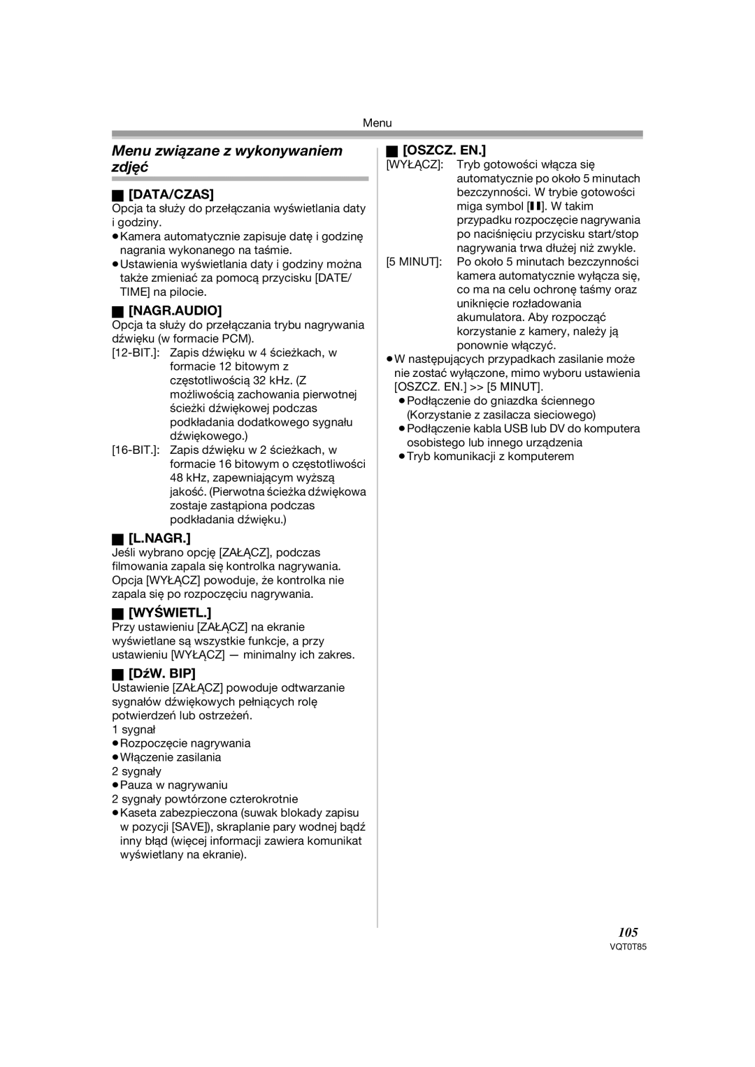 Panasonic NV-GS230EP, NV-GS180EP operating instructions Menu związane z wykonywaniem zdjęć 