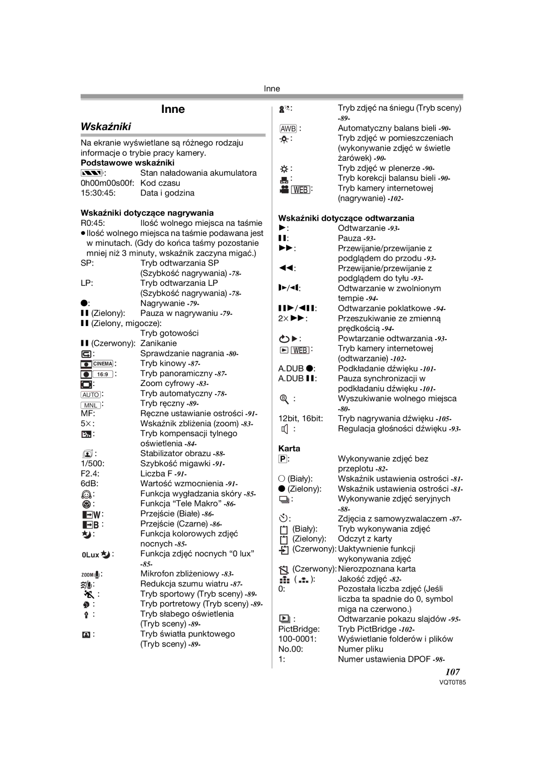 Panasonic NV-GS230EP, NV-GS180EP operating instructions Wskaźniki, 107 