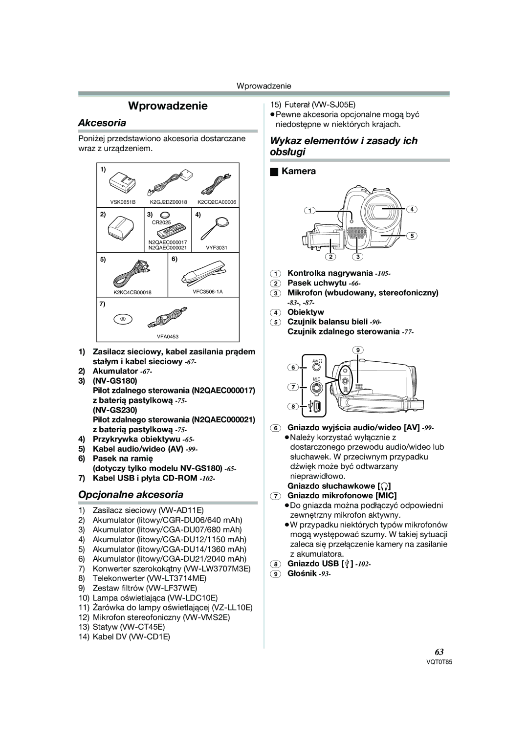 Panasonic NV-GS230EP, NV-GS180EP Akcesoria, Opcjonalne akcesoria, Wykaz elementów i zasady ich obsługi, Kamera 