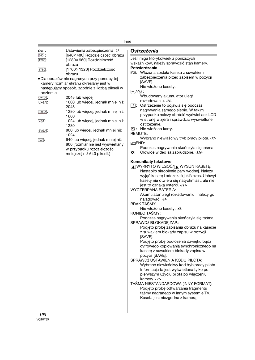 Panasonic NV-GS180EP, NV-GS230EP operating instructions Ostrzeżenia, 108, Potwierdzenia, Komunikaty tekstowe 