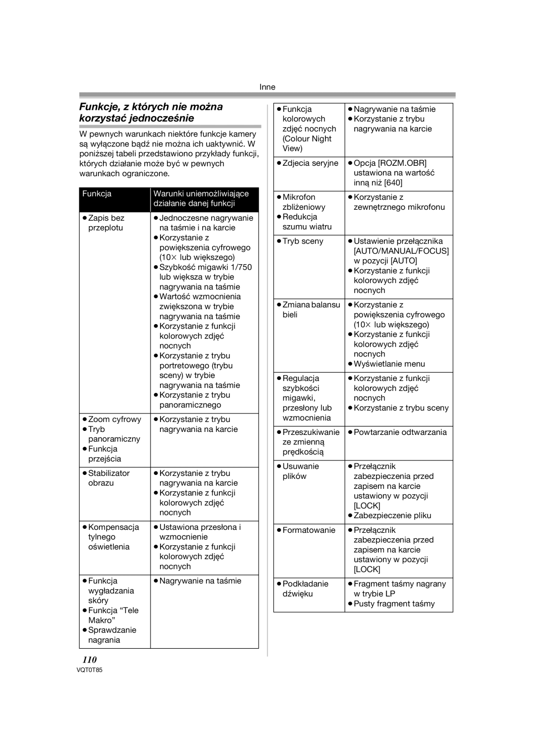 Panasonic NV-GS180EP Funkcje, z których nie można korzystać jednocześnie, 110, Pozycji Auto, ≥Zabezpieczenie pliku 