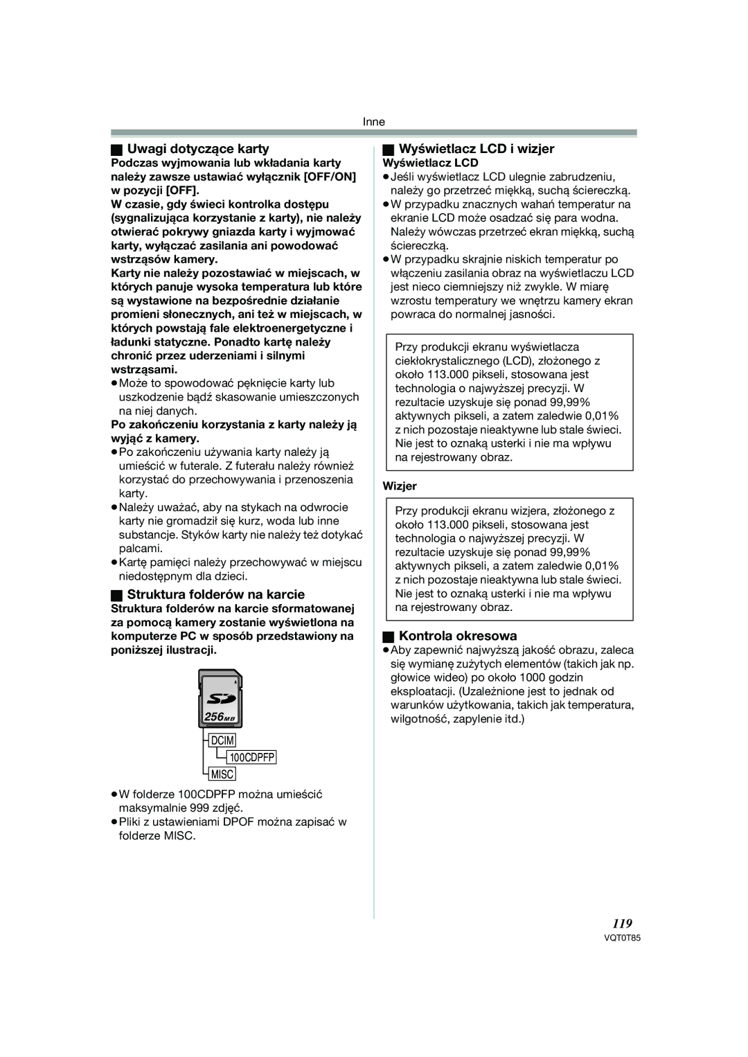 Panasonic NV-GS230EP, NV-GS180EP Struktura folderów na karcie, Wyświetlacz LCD i wizjer, Kontrola okresowa, 119 