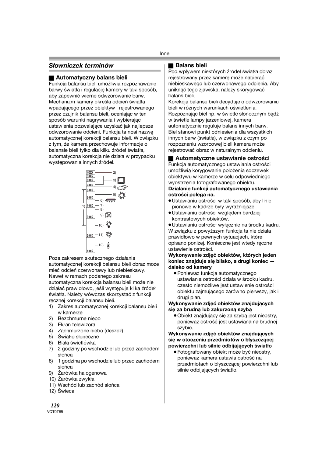 Panasonic NV-GS180EP Słowniczek terminów, Automatyczny balans bieli, Balans bieli, Automatyczne ustawianie ostrości, 120 