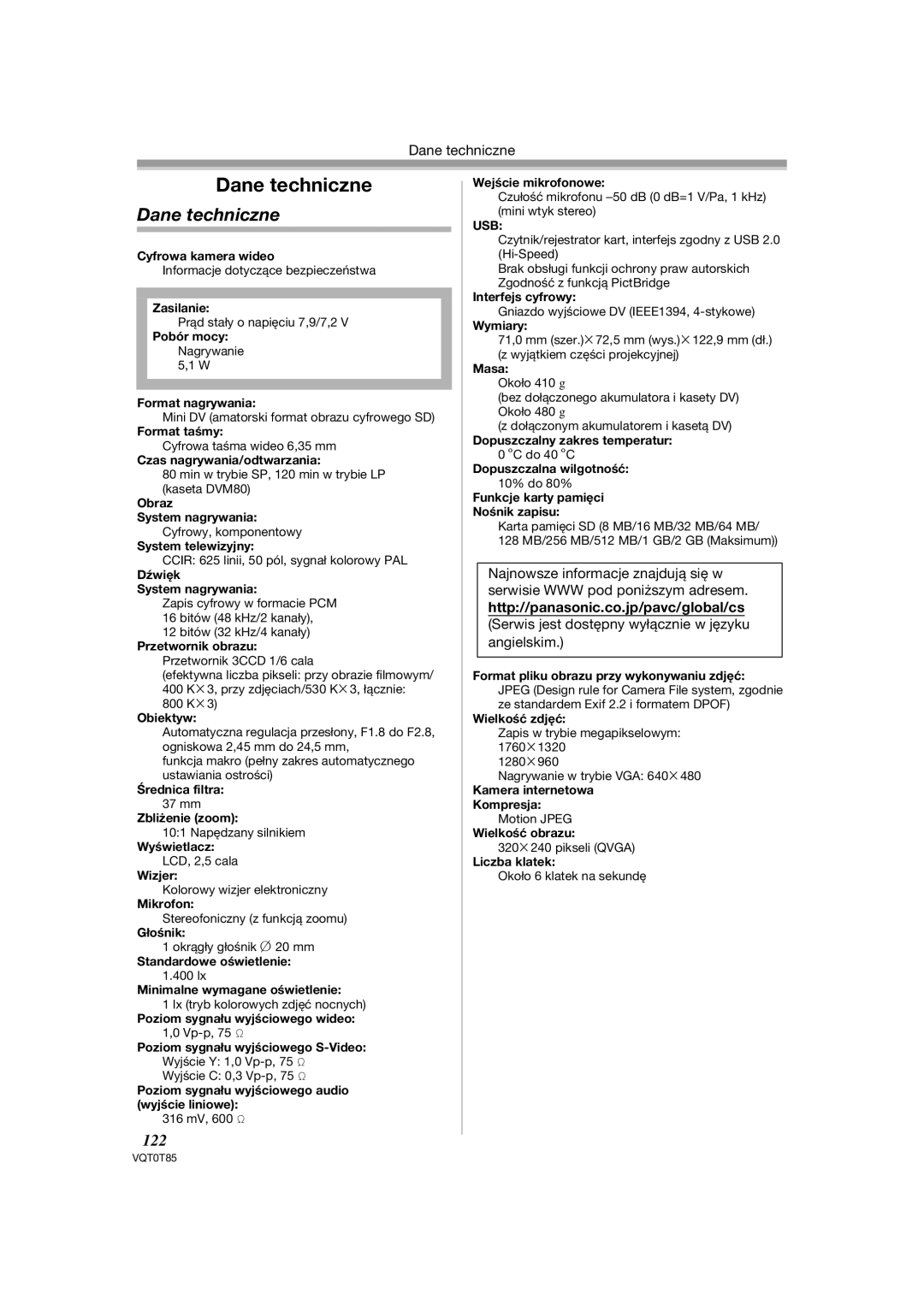 Panasonic NV-GS180EP, NV-GS230EP operating instructions Dane techniczne, 122, Http//panasonic.co.jp/pavc/global/cs 