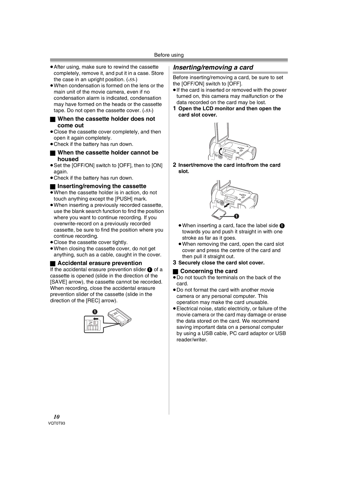 Panasonic NV-GS180GN operating instructions Inserting/removing a card 