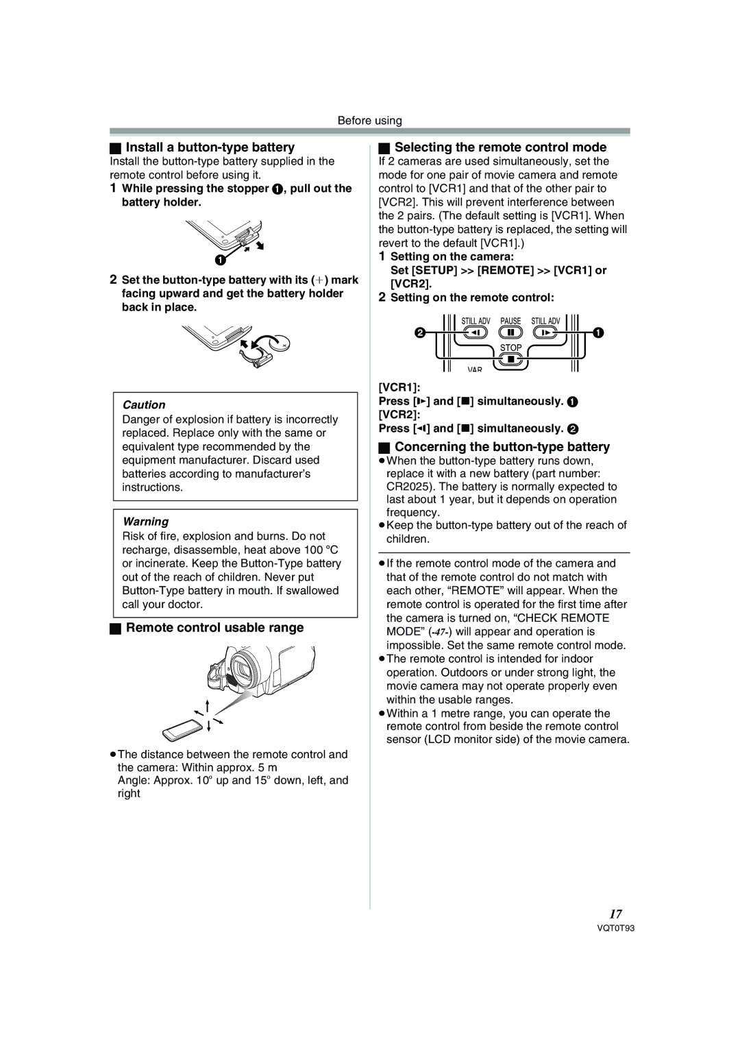 Panasonic NV-GS180GN Install a button-type battery, Remote control usable range, Selecting the remote control mode 