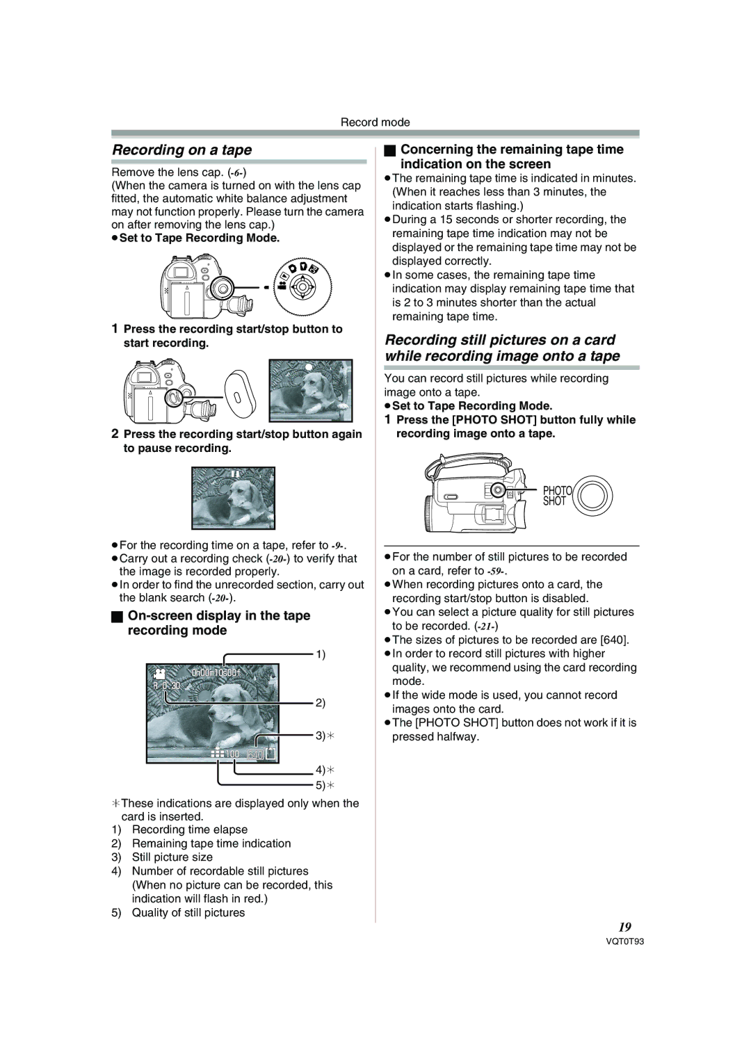 Panasonic NV-GS180GN Recording on a tape, On-screen display in the tape recording mode, Remove the lens cap 