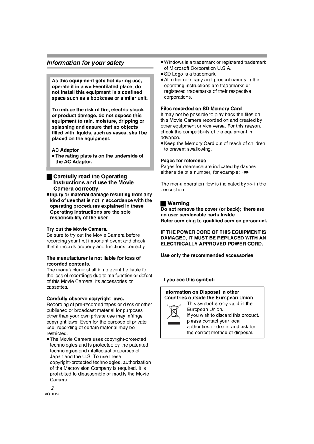 Panasonic NV-GS180GN operating instructions Information for your safety 