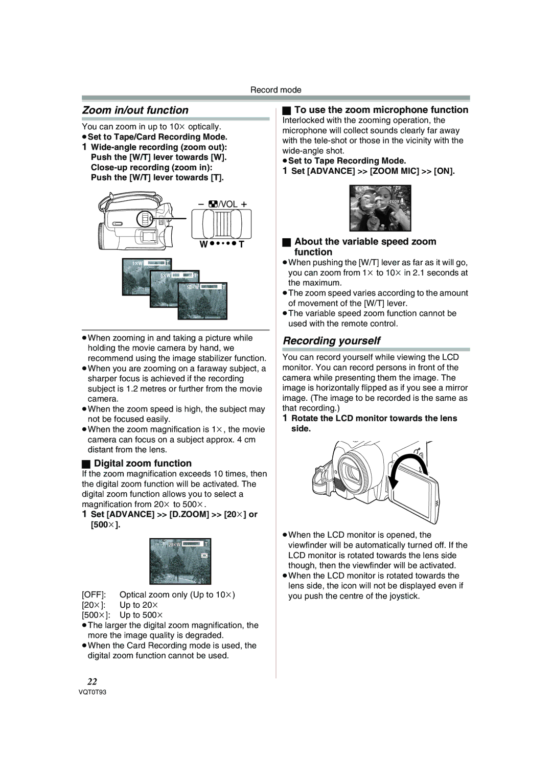 Panasonic NV-GS180GN Zoom in/out function, Recording yourself, Digital zoom function, To use the zoom microphone function 